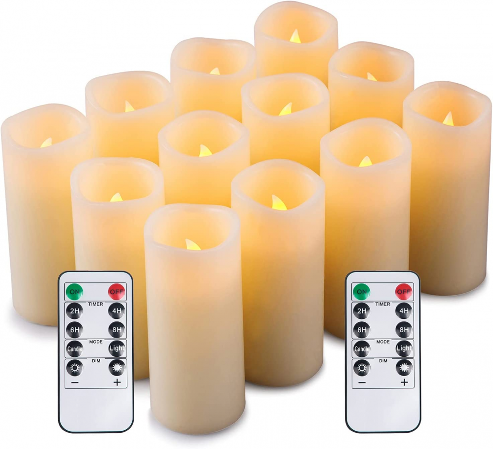 Flameless Candles Set of 12 Battery Remote LED Pillar Real Wax 