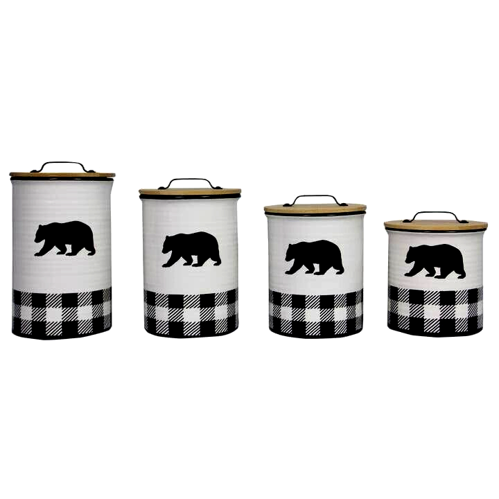 Lodge Bear  ceramic Canister Set with wood Lids - 4 piece
