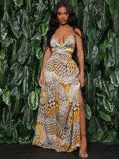 SHEIN Maxi Dress Women Medium Multicolor Animal Print Halter Crisscross Back Tie