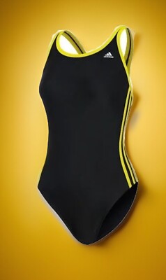 $74 ADIDAS GIRL'S  Solid Splice EX Back Black Yellow White 1pc Swim Suit Size 30