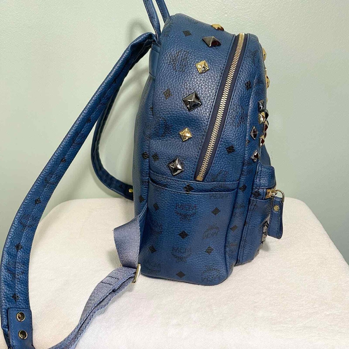MCM Munchen Blue Leather Embellished Golden & Silver Studded MCM Munchen Blue Leather Embellished Golden & Silver Studded