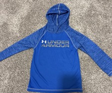 UNDER ARMOUR Boys Sz 4 Long Sleeve Hood Pull Over - Blue With Logo- Lightweight