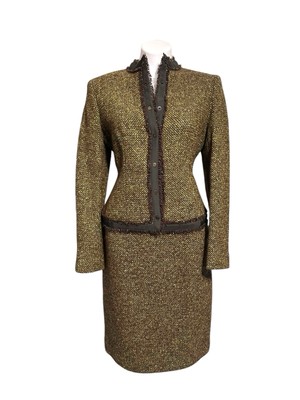 Womens WORTH 2 piece skirt & jacket suit set Size 10 EUC Wool Blend Tweed Green