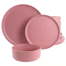 Canyon Crest 12 Piece round Melamine Dinnerware Set in Pink