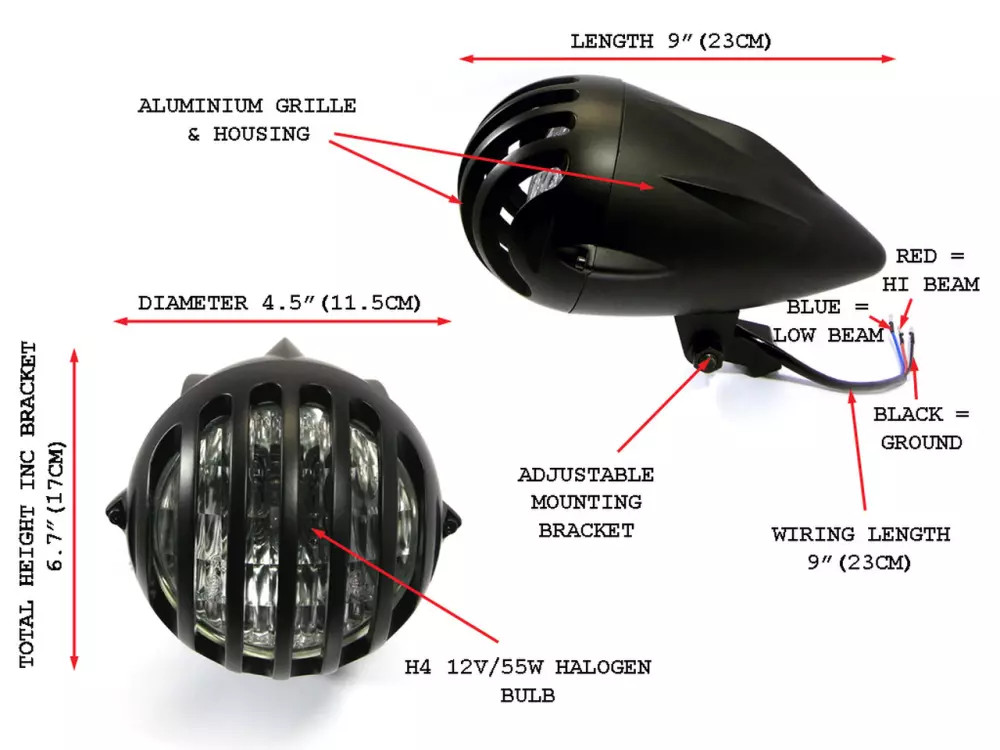 Phare avant universel 11,5cm de diamètre finition noire mate avec grille prison