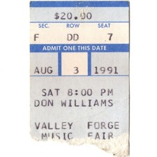 DON WILLIAMS Concert Ticket Stub DEVON PA 8/3/91 VALLEY FORGE MUSIC FAIR Rare