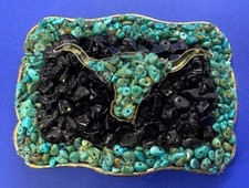 Longhorn Cow Bull Steer Head W/Faux Turquoise  Black Stones / Beads Belt Buckle