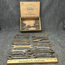 Antique Vintage Tools 14pc Wrench 1pc Plyers 1pc Wooden Cigar Box 16pc Total
