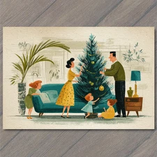 POSTCARD Mid Century Family Decorating Christmas Tree Retro Holiday Living Room