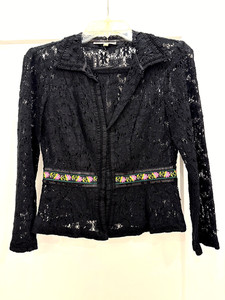 NANETTE LEPORE Black Lace Jacket with Pink & Green Flowers and Sequins Trim, 2
