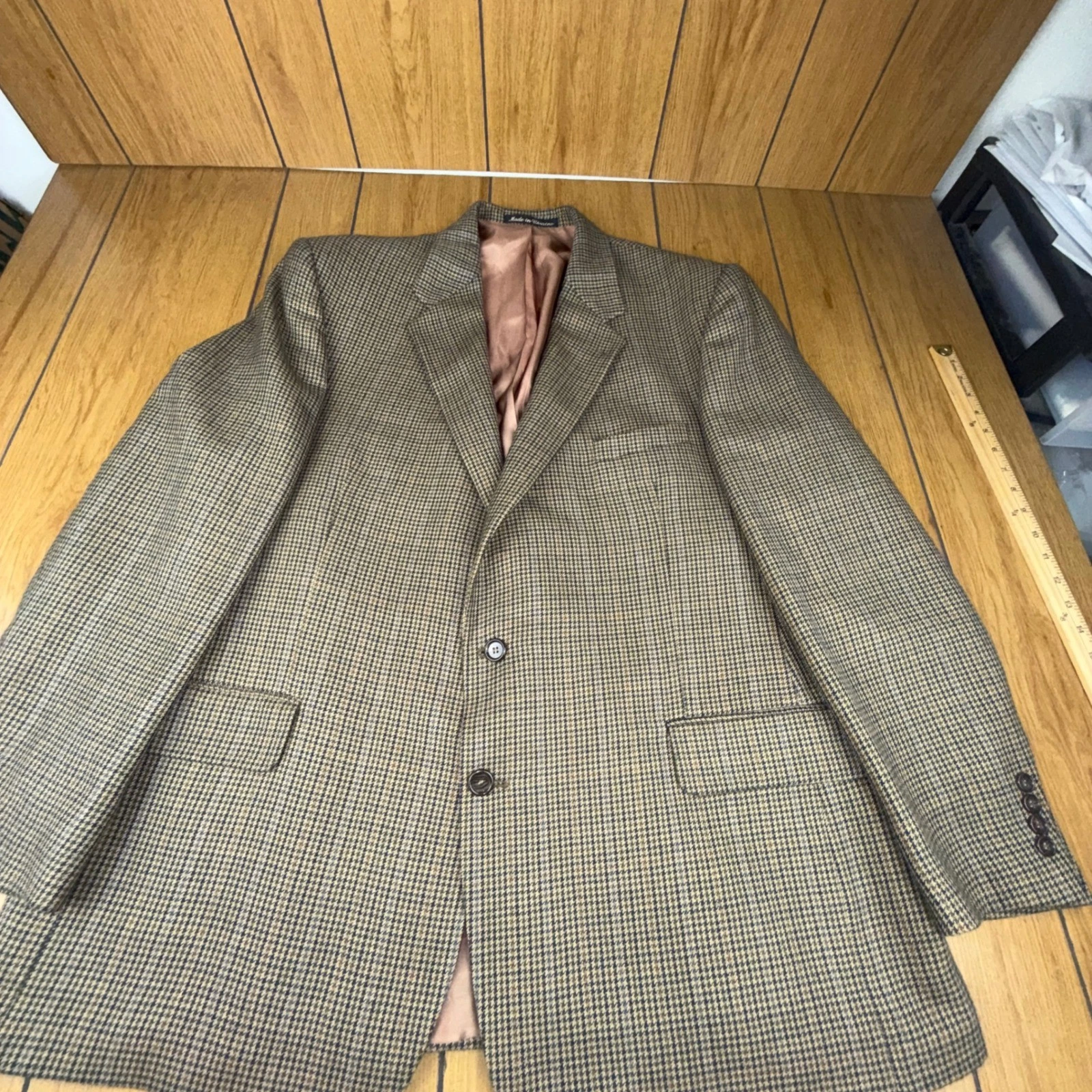 Evan Picone Mens Blazer Size L 50 Houndstooth 100% Worsted Lambswool Brown