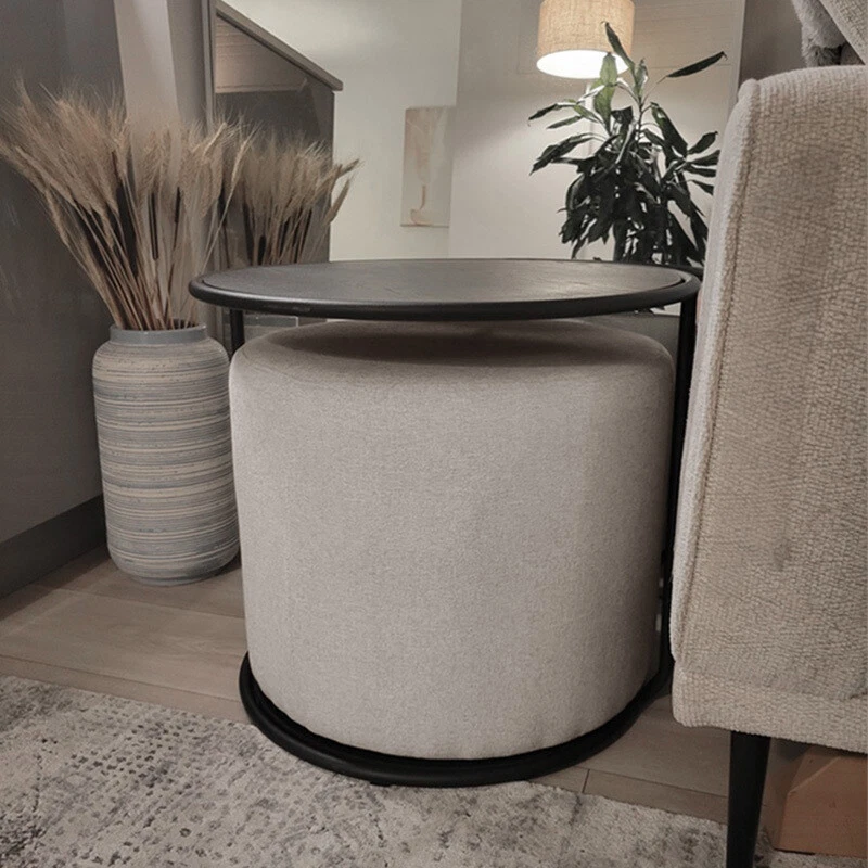 Round Sofa Side Tea Table Linen Ottoman Footstool Under Desk Chair Living Room