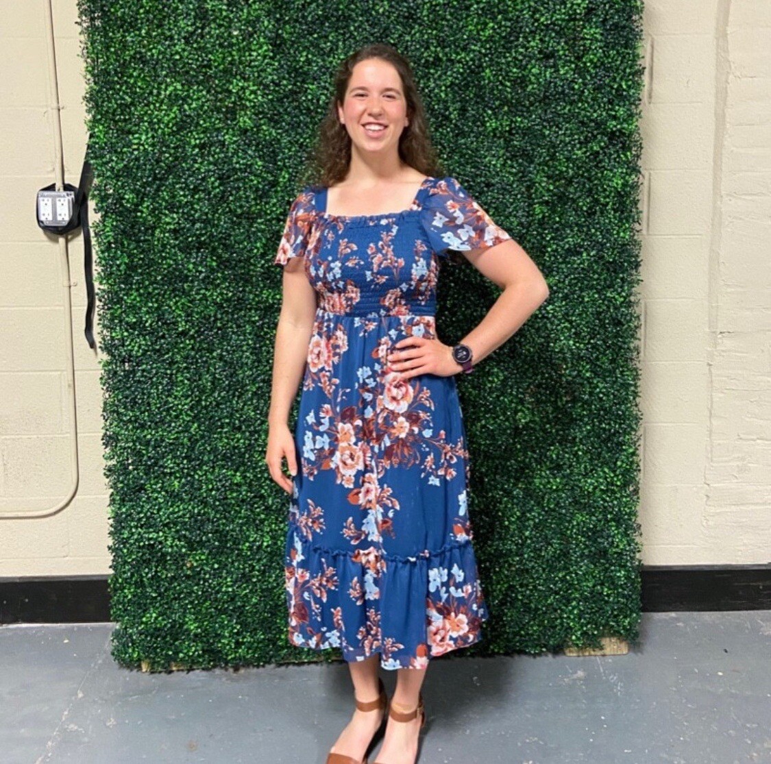 LC Lauren Conrad Women's Petite Smocked Flutter Sleeve Blue Floral