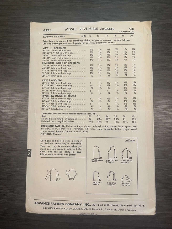 Advance 9321 Pattern Jacket Misses Size 14 Uncut Vintage - Image 2 of 3