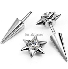 Silver Stainless Steel Spike Rivet CZ Stud Earrings Screw Back Men's Jewelry