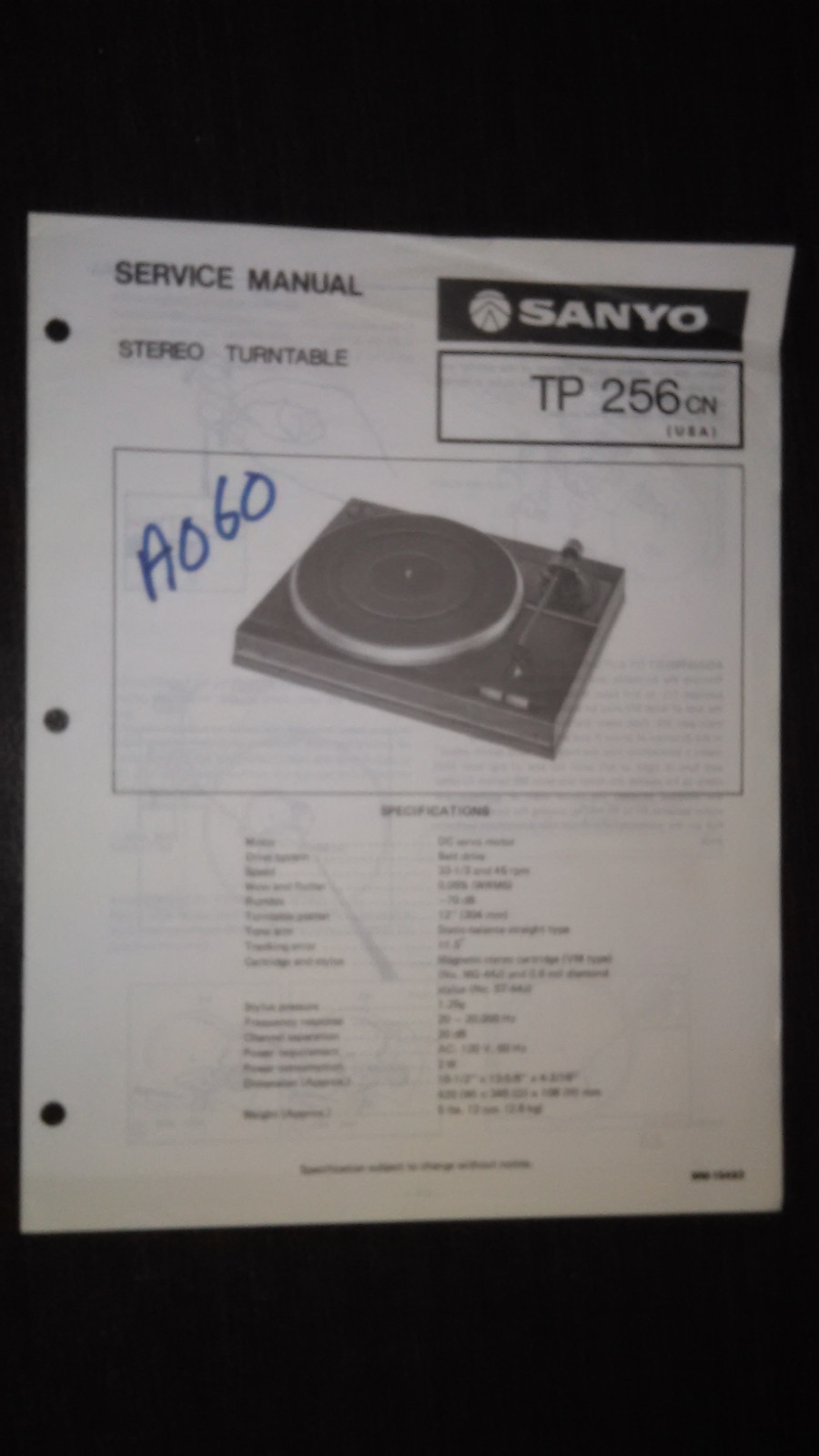 sanyo tp 256 cn Service Manual original repair stereo turntable record player