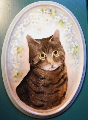 Vtg FOLK ART CAT PORTRAIT Hand Painted Porcelain Art Tile Plaque SIGNED c1972