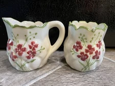 SUGAR BOWL & CREAMER Singing River SET Ceramic POTTERY Floral SMALL Vintage