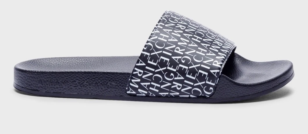 Armani Exchange All Over Logo Navy Sliders Sandals Slides Size UK 8 BNWT