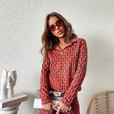 NWT ZARA Jacquard Polo Long Sleeve Shirt Top M Medium Geometric Retro Red Collar