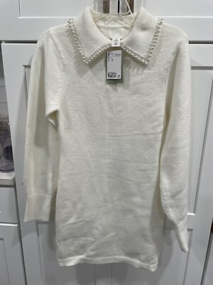 H & M Collared Knit Dress Cream Pearl Collar Size XS NWT SI47