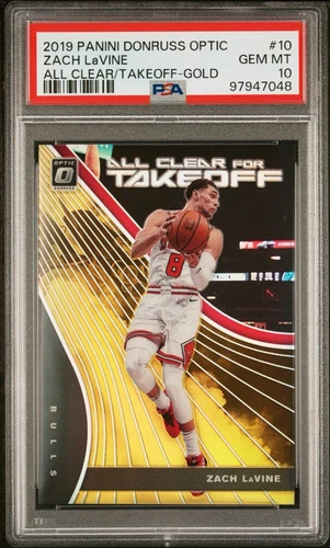 2019 Panini Donruss Optic Zach LaVine #01/10 Gold Prizm All Clear Takeoff PSA 10