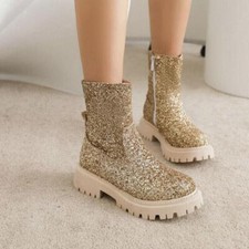 Womens Sequins Ankle Boots Zip Block Heels Platform Formal College Casual Shoes