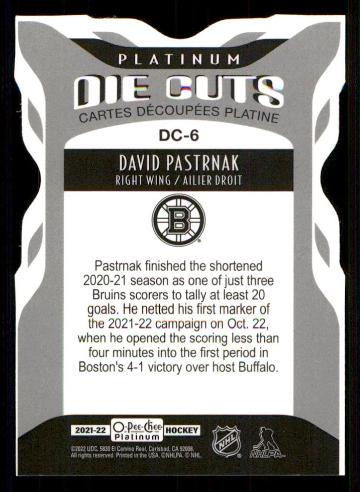 2021-22 O-Pee-Chee Platinum Platinum Die Cuts #DC6 David Pastrnak - Image 2 of 2