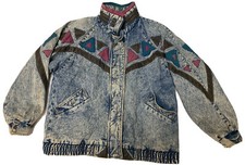 VTG 90s Current Seen Patchwork Denim Coat Womens L Zip Front Lined Jean Jacket
