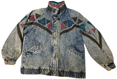 VTG 90s Current Seen Patchwork Denim Coat Womens L Zip Front Lined 