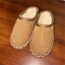 BEARPAW little girls Brown Suede Shearling Lined Mules Slippers Size 7c Fur Trim