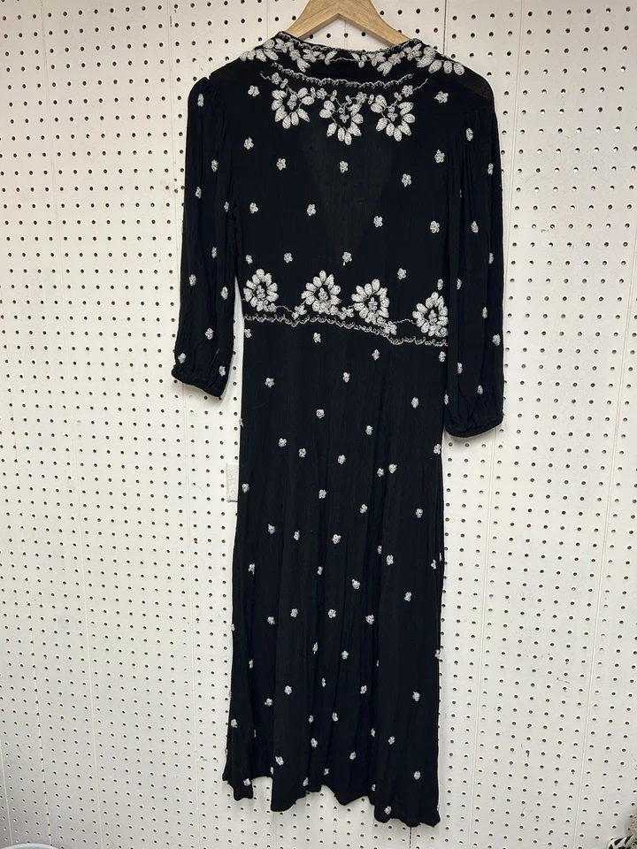 Free People S Fable Black White Floral Embroidered 3/4 Sleeve Midi Maxi Dress - Image 3 of 4