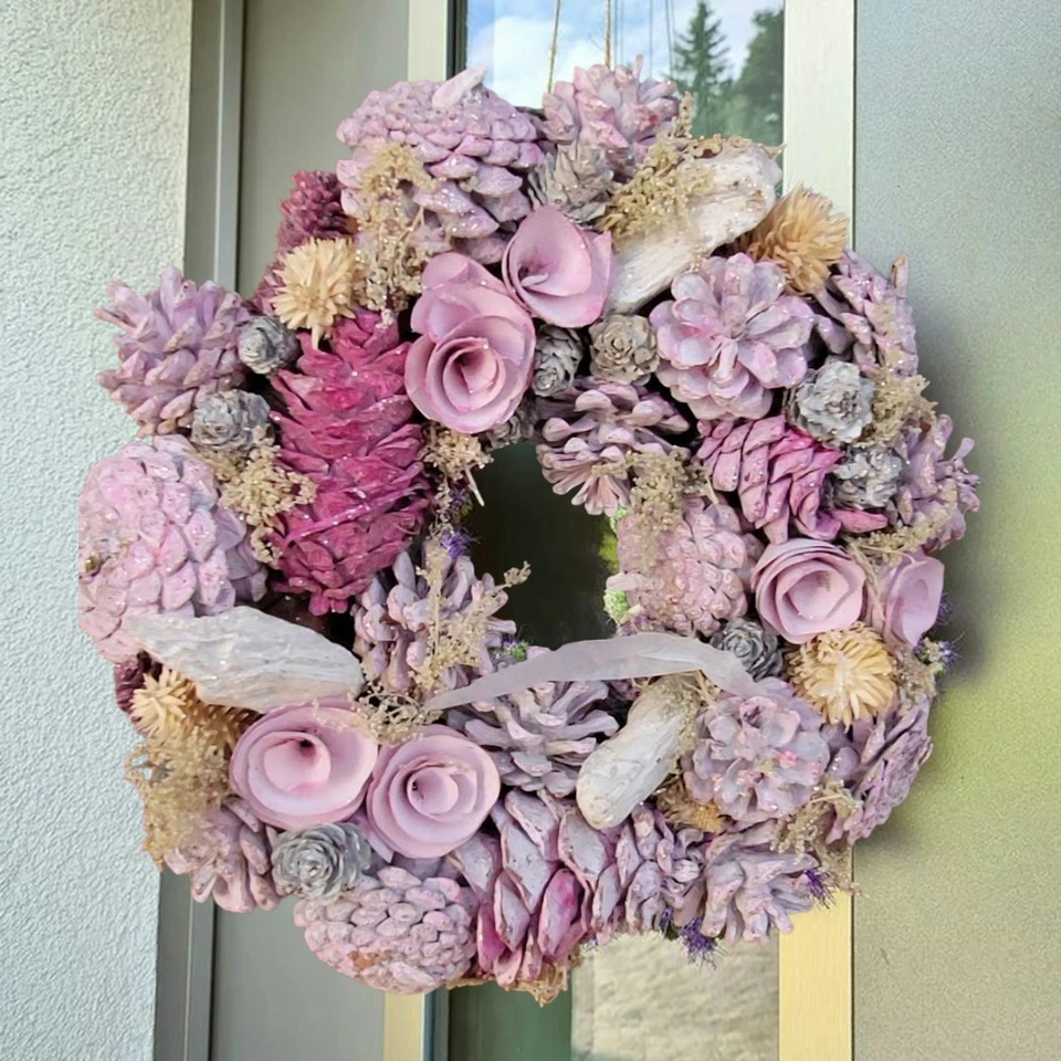 Blush Door Wreath Handcrafted with Real Pinecones Dried Florals&Rose Details 12" - Image 2 of 4