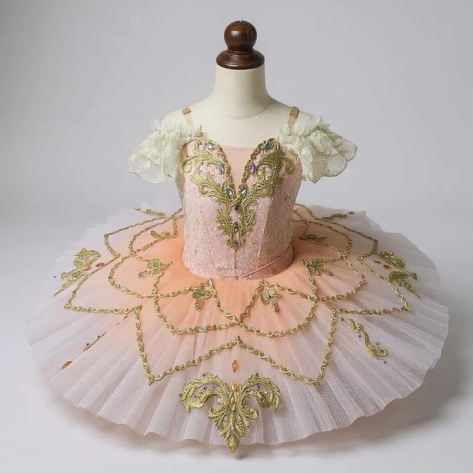 Peach Ombre Ballet Tutu Professional Gold Applique Pancake Skirt Made to Measure - Image 4 of 4