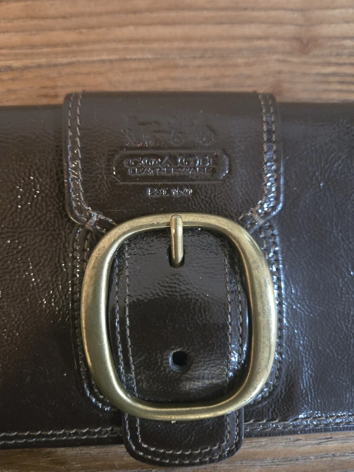 "Coach Bleecker Cartera de charol marrón Muñequera Bolso sin asas Tarjeta de crédito 9""" Foto 3 de 4