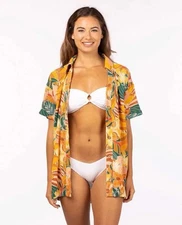 Rip Curl Brazilian Soul Vibrant Floral Button Front Shirt Yellow Green Large