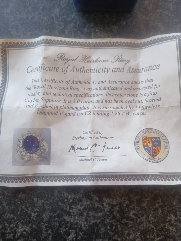 Anillo de imitación de zafiro con 14 diamantes impecables-x⁴ circonita cúbica, placa de platino reliquia real Foto 3 de 4