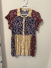 Easel 1X Boho Patchwork Floral Tunic Mini Dress Prairie Pleated Flowy Pockets