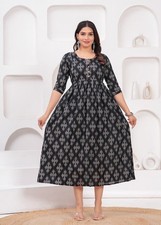 Hand Block print cotton black maxi round neck long midi full comfortable casual
