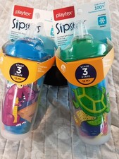 2 New-Playtex SIPSTERS 9-Ounce Straw Cup 100 Spillproof Dinosaurs  Sea Turtles