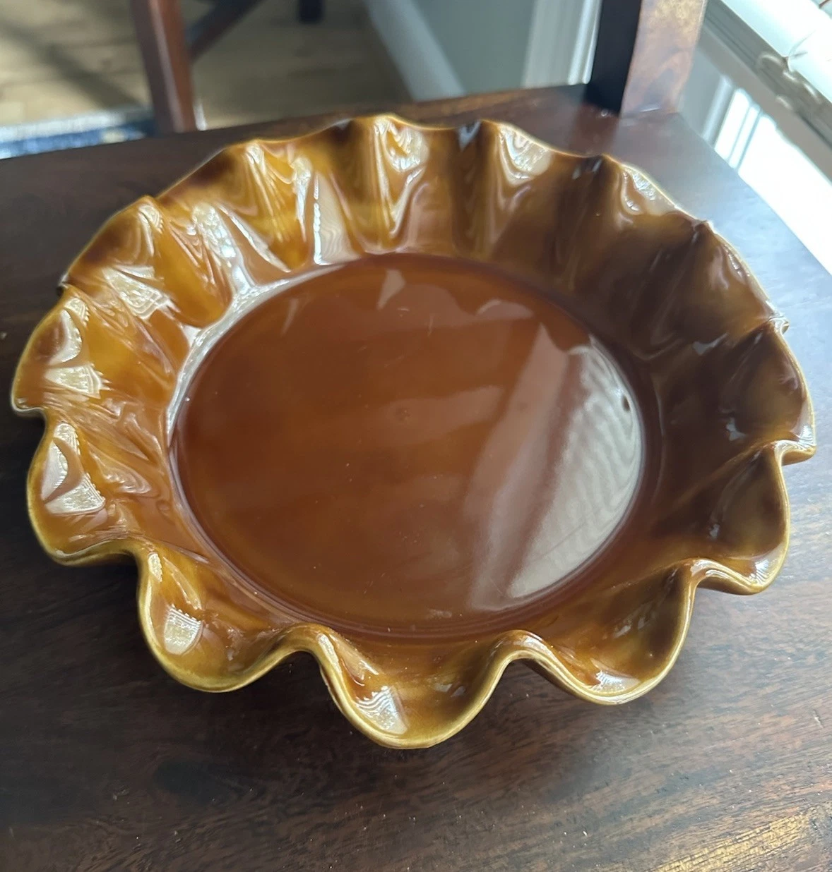 Emile Henry Pie Plate Ruffled Edge Caramel Brown Glaze Finish Two-Tone Vintage?