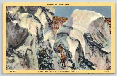 Rainier Nat'l Park WA~Mountain Climbers~Nisqually Glacier Ice Cakes~1937 Linen