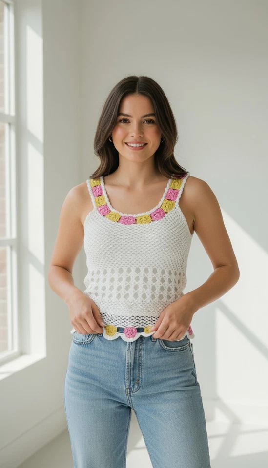 Kroshetta by Papillon Hand Made Knitted Crochet Tank Top Sleeveless White Size M - Image 2 of 4