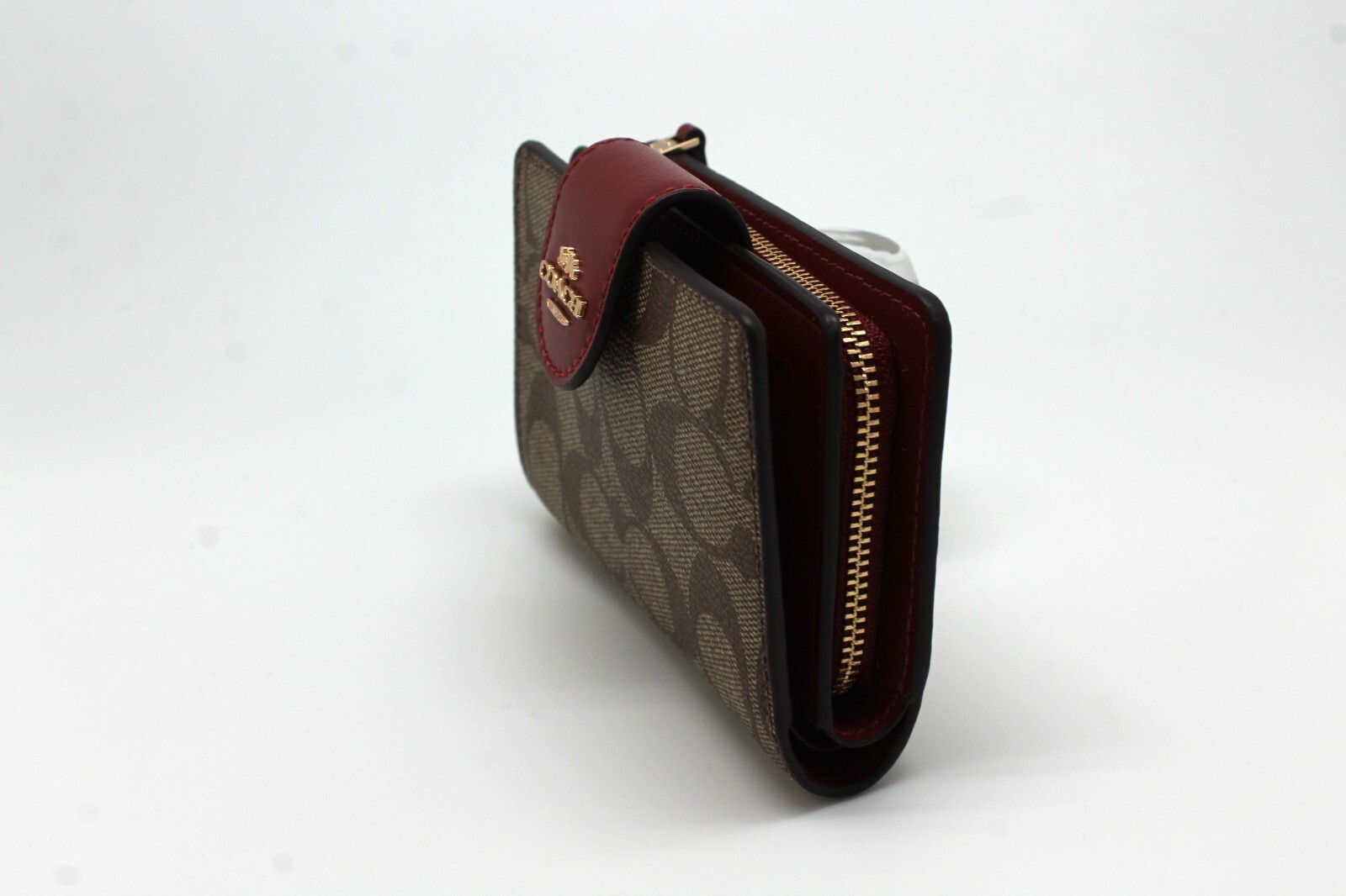 Coach Women Medium Corner Zip Wallet In Signature Canvas in Khaki Cherry