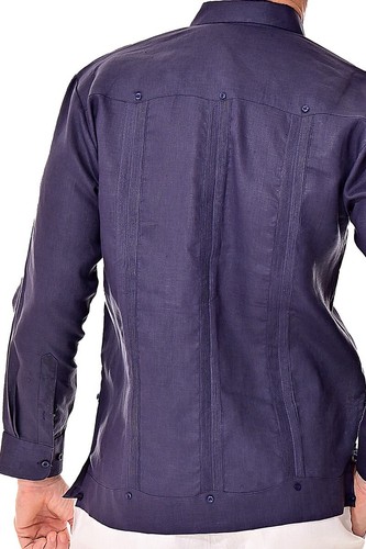 Bohio Mens 100% Linen Cuban Guayabera Shirt -Navy Traditional 4-Pocket-MLS501 - Picture 3 of 4