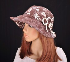 Cappello sole M197 marrone carino floreale cotone tesa larga berretto secchiello estivo donna nuovo con etichette