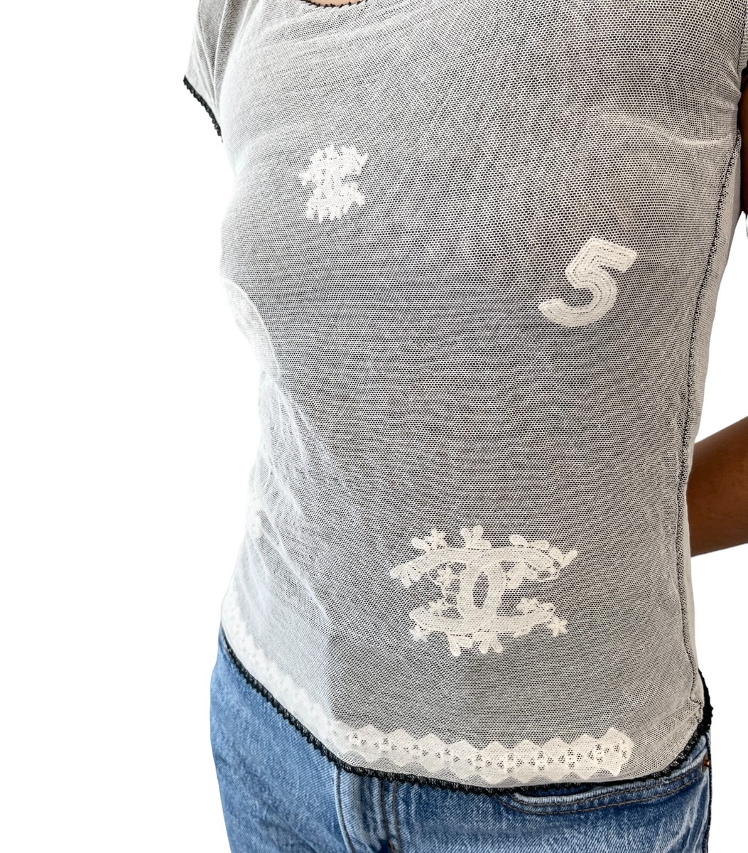 CHANEL Vintage 04P CC Logo Mesh Top #34 Cotton Spandex White Black