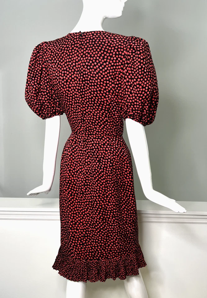 Vestido de seda a lunares con volantes plisados ALBERT NIPON de la década de 1980, talla 6 fiesta vintage Foto 2 de 4