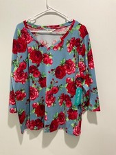 Pioneer Woman blue & red rose floral 3/4 sleeve stretchy knit top sz XXL 2X NEW