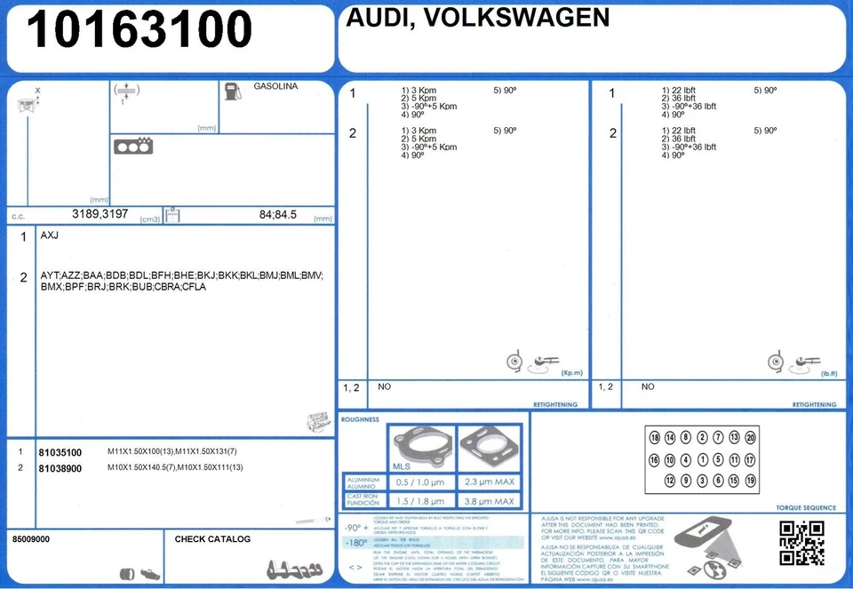 Full Engine Gasket Set VOLKSWAGEN PHAETON V6 24V 3.2 241 BRK (5/2004-5/2007) Foto 2 de 2